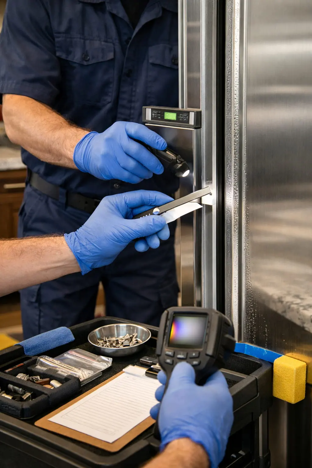 Close-up of a senior technician carefully diagnosing a built-in Sub-Zero